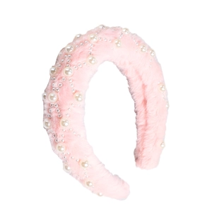 Chic pink plush headband with white pearl crisscross design for women winter style