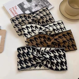 Set of 4 houndstooth knitted wide headbands with twist knot design for women