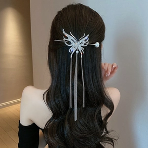 Vintage Butterfly Tassel Hair Stick Silver Alloy Rhinestone Artificial Pearl Hairpin For Women Hanfu Chinese Style Hair Accessories
