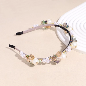 Serre-tête élégant avec grandes perles, cristaux champagne et fleurs dorées pour femmes