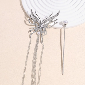 Silver bow hair clip with tassels, pearls and rhinestones for elegant Chinese hairstyles