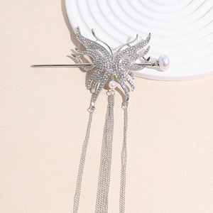 Silver bow butterfly hair pin with rhinestone wings and hanging pearl tassel chains