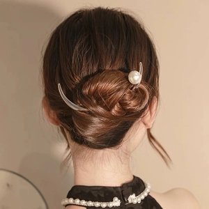 Silver Metal Crescent Moon Hair Stick With White Artificial Pearl Vintage Chinese Style Hair Accessory For Women Party Jewelry