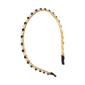 Elegante gouden haarband met afwisselend witte parels en zwarte kristallen kralen