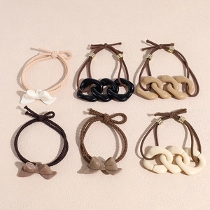 Elegant Milky Coffee Series Bow Knot Chain Hair Ties High Elastic Resin Alloy Ponytail Holder Fashion Simple Headwear For Women