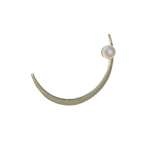 Minimalist silver crescent moon hair pin with a lustrous white pearl accent