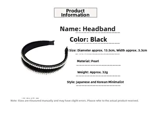 Spécifications de taille du serre-tête noir avec deux rangées de perles blanches et tissu