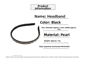 Détail d'un serre-tête noir fin orné de perles et de cristaux, largeur de 1 cm