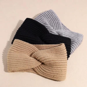 Three-pack elastic knitted cross headbands in khaki, black, and grey for autumn and winter