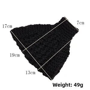 Detail view of black knit headband showing dimensions 17cm by 19cm and thick texture