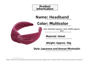 Detail showing burgundy velvet headband with cross knot design and dimension measurements