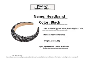 Detail of black headband featuring dense pearl and rhinestone embellishments with dimensions