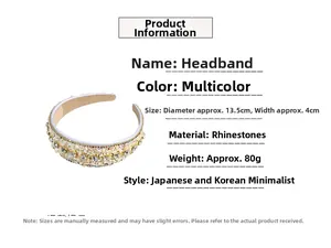 Detailed size specifications for a colorful rhinestone headband with product measurements