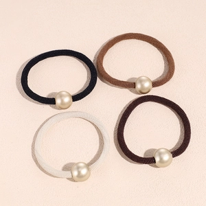 Set of four minimalist high-elastic hair ties with pearl beads in neutral colors