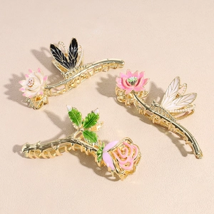 Elegante Legering Roos Lotus Bloem Haarklem Met Emaille Libel Decor Kunstparel Haarspeld Voor Dames Mode Accessoires