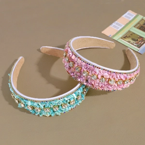 Baroque wide headband with pink and turquoise crushed stones and crystal rhinestones