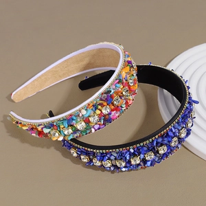 Baroque wide headband with colorful turquoise stones and clear crystals on fabric