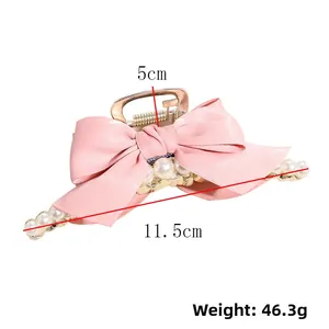 Pink silk bow claw clip with white pearls, size 11.5cm by 5cm, weighing 46.3g