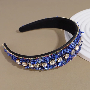 Detailed macro of Baroque headband featuring blue turquoise chips and square diamonds