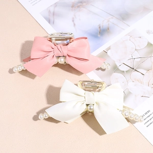 Bowknot Hair Claw Clip With Faux Artificial Pearl Rhinestone Satin Fabric Alloy Shark Clip Elegant Hair Accessories For Women Jewelry