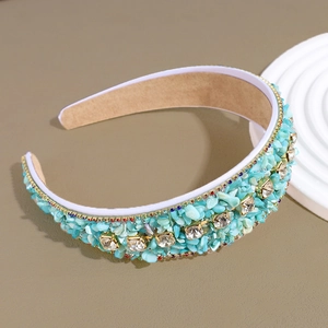 Detail of baroque headband with turquoise stones, large rhinestones and soft lining