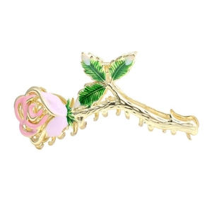 Elegante gouden metalen haarklem met roze en witte emaille rozen en groene bladeren