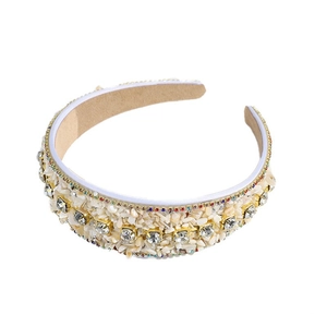Baroque wide headband with colorful crushed turquoise and rhinestones on beige fabric