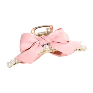 Elegant pink satin bow hair claw clip with white pearls and durable gold metal frame
