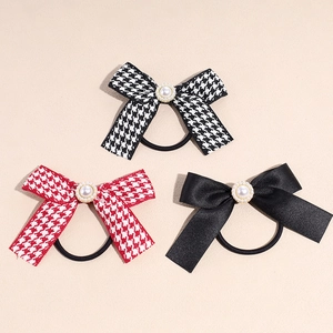 French Style Vintage Bow Hair Scrunchie With Faux Artificial Pearl Elegant Houndstooth Satin Elastic Hair Band For Women Hair Accessories