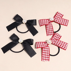 French retro bow hair ties with houndstooth pattern and elegant faux pearl detail