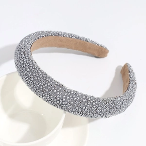Elegant wide sponge headband with silver-grey faux pearls and soft velvet lining