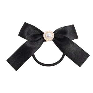 French style black satin bow hair tie with large central pearl and beaded flower decoration