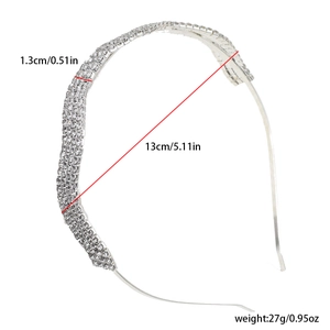 Detailed size chart showing width and inner diameter of the silver crystal headband