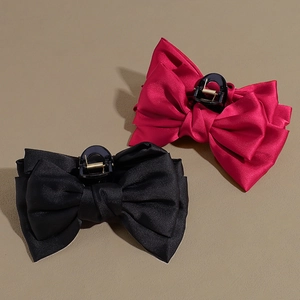 Large Satin Bow Hair Claw Clip For Women Elegant Double Layer Butterfly Shark Hairpin Styling Accessories High Skull Top Headwear