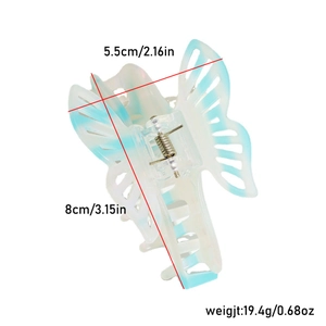 Detailed view of iridescent butterfly hair claw clip with size and weight dimensions