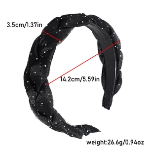 Detailed dimensions of braided rhinestone headband showing 3.5cm width and non-slip grip