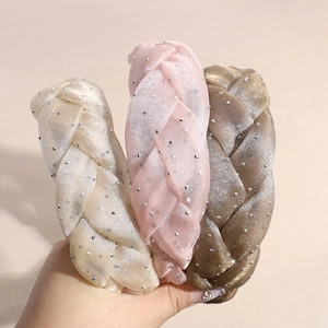 Three-piece braided rhinestone headbands set in beige pink and bronze gold tones