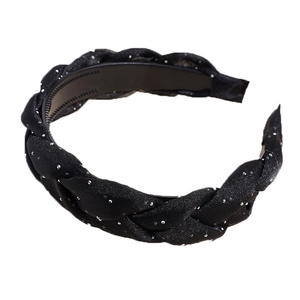 Black braided headband with sparkling rhinestones and non-slip teeth for women