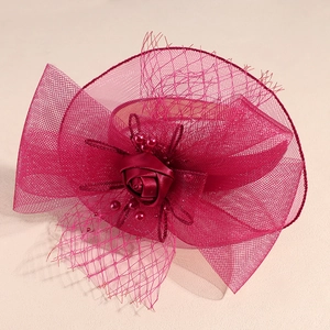 Elegant burgundy mesh fascinator with satin rose and faux pearls for wedding banquet
