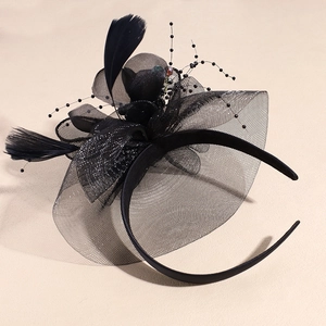 Elegant vintage black feather fascinator headband with mesh net and beads for party weddings