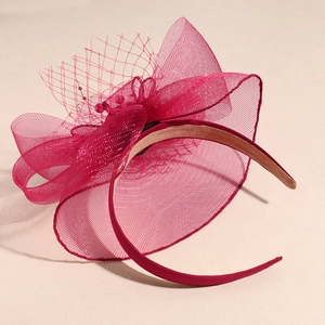 Retro rose red mesh fascinator headband with feather and bead details for gala