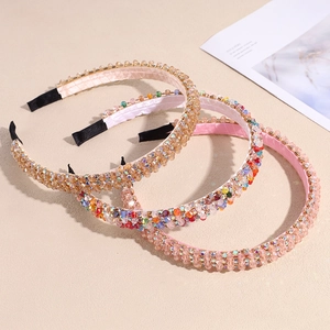 Three-piece set of baroque crystal headbands in champagne, colorful, and pink fabric
