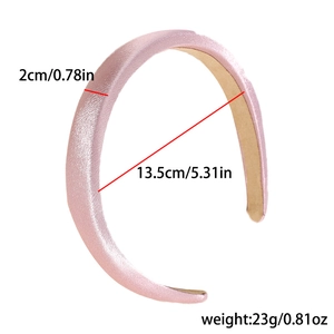 Pink glossy padded headband showing 2cm width and 13.5cm diameter measurement details