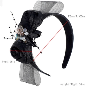 Detail showing dimensions of black rose headband with mesh lace and crystal beads