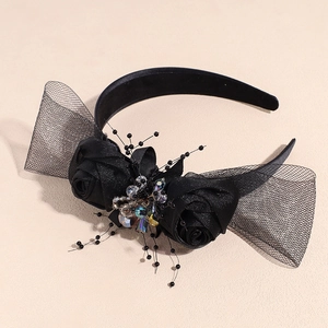 Luxury Flower Rhinestone Mesh Headband Vintage Satin Rose Wedding Party Hair Accessory For Women Elegant Banquet Head Hoop