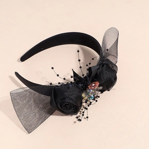 Elegant black floral headband with rhinestones, mesh veil and vintage fabric roses