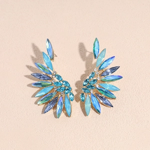 Exquisite blue crystal wing earrings with gold plating and bohemian fan-shaped design