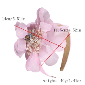 Detail of pink chiffon flower headband with colorful beads and crystal embellishments