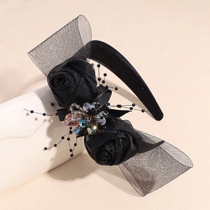 Elegant black floral headband with mesh veil and rhinestones for party wedding