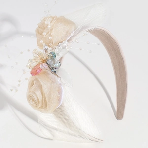 Elegant champagne floral headband with mesh roses, sparkling crystals and pearls for women